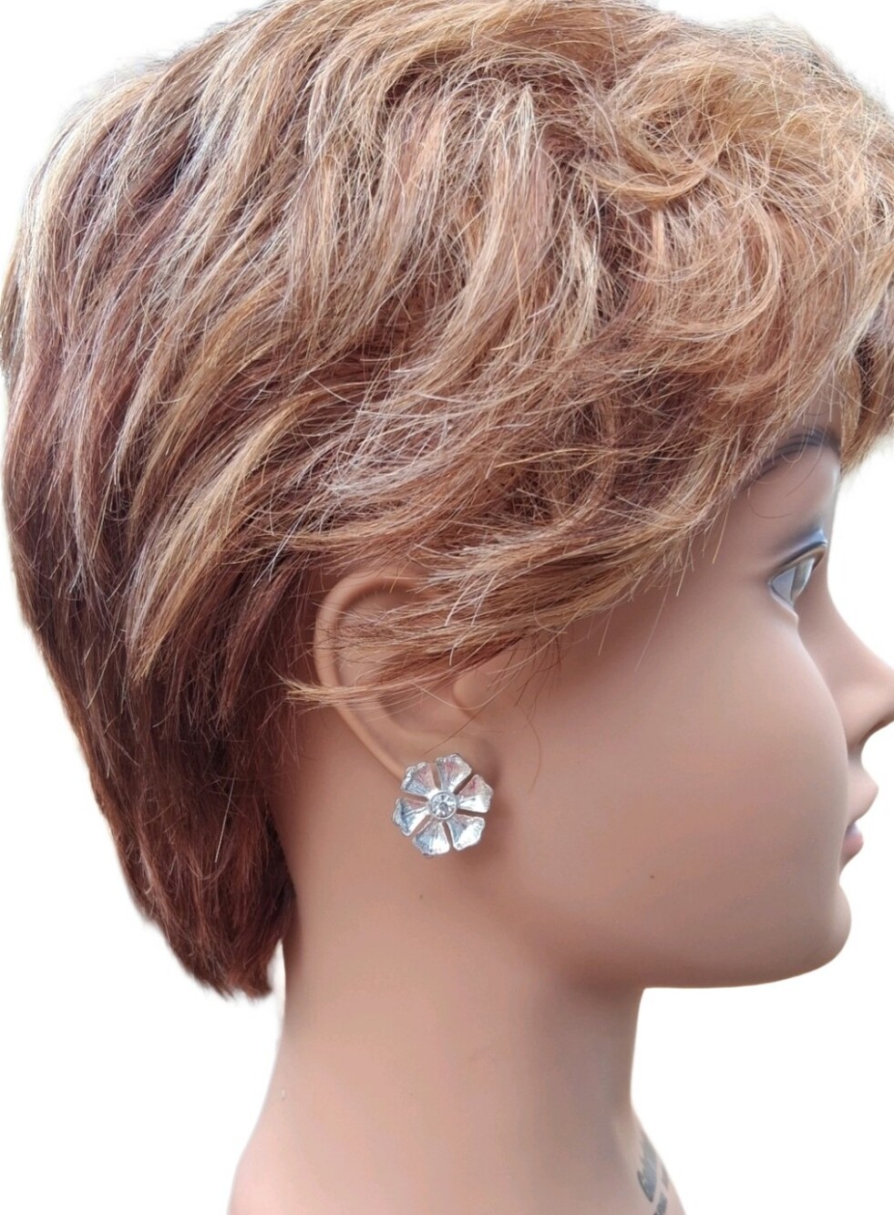 Monet Silvertone Textured Floral Flower Rhinestone Pierced Post Earrings